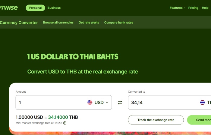Wise.com Tools to Explain 1 US dollar to Thai bahts