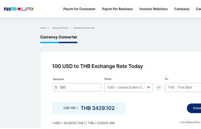 Paytm.com tool to convert currency for 100 USD to THB Exchange Rate Today